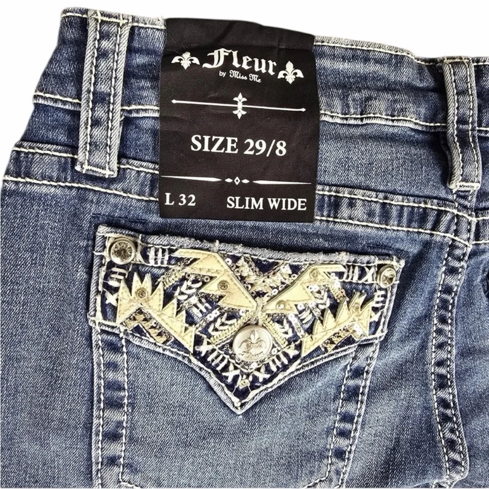 New Fleur by Miss Me Jeans Womens 29 / 8 Blue Medium Wash‎ Slim Wide Embellished - Picture 11 of 13